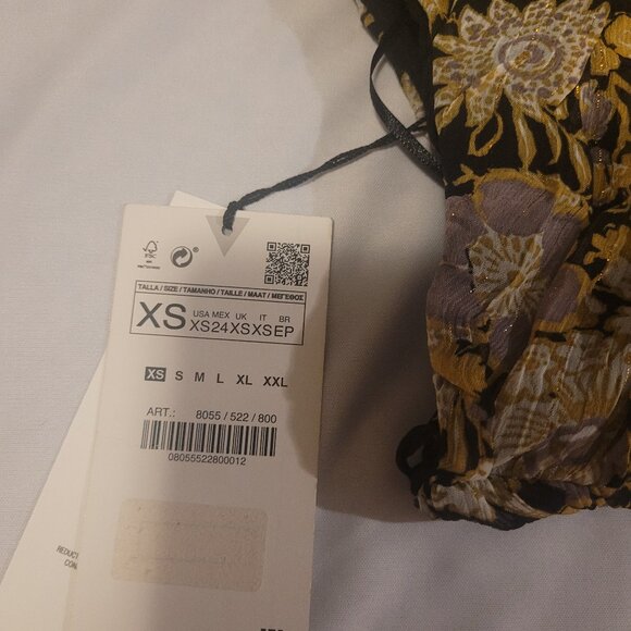 Zara Floral Ruched Asymmetric Floral Midi Dress with gold accents in size XS NWT - Picture 4 of 5
